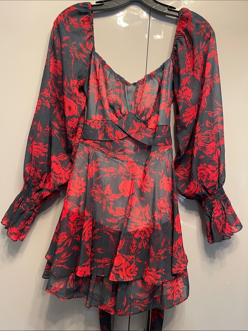Women's Black Dress with Red Floral Print